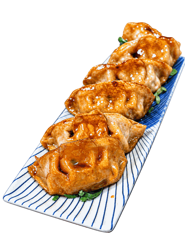 Gyozas glaseadas presentadas en una bandeja